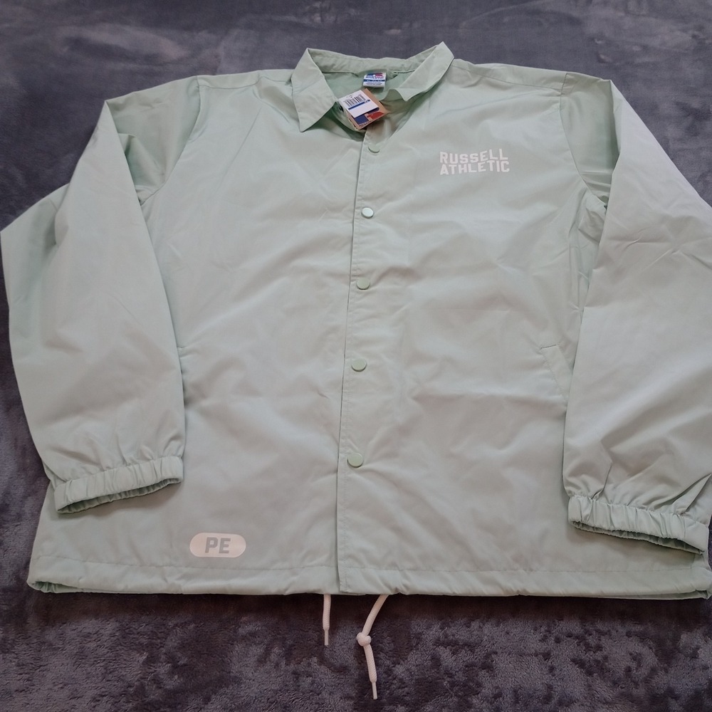 Russell Athletic Coach Jacket Mens XL Light Green Snap Front Windbreaker